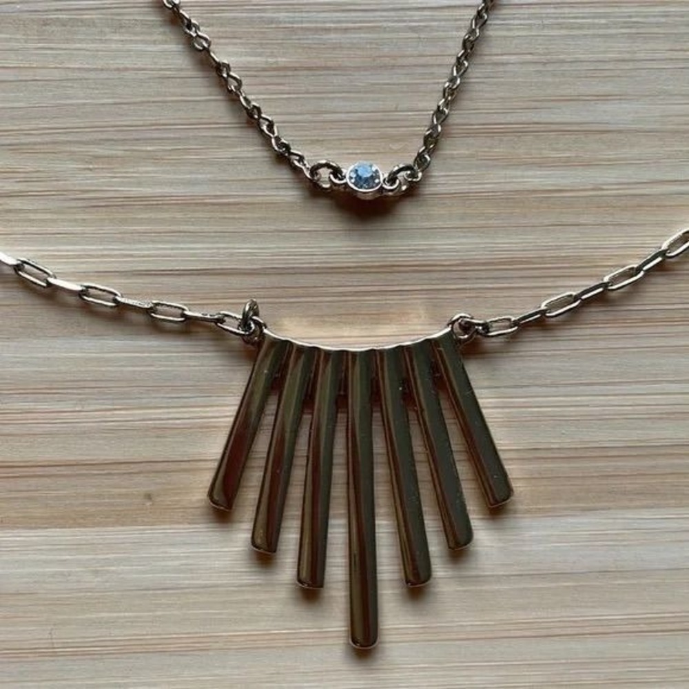 Modern Art Deco‎ Fan Bar Necklace Layered Chain Statement Pendant Jewelry - Picture 2 of 4